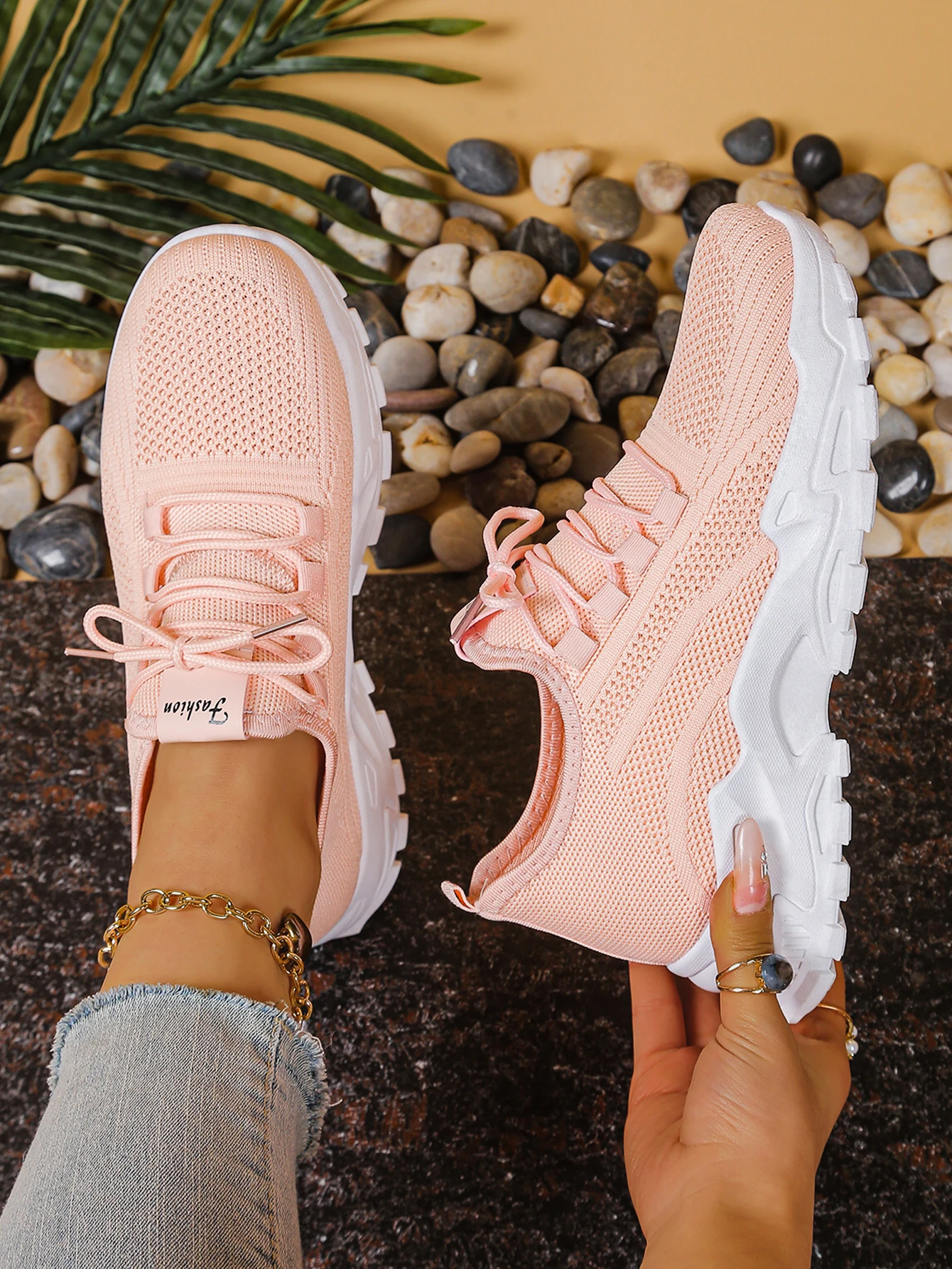 Women's Chunky Dad/Mom Sneakers 4cm Heightening Knit Mesh Breathable Non-Slip Lace Up Casual Athletic Trainers