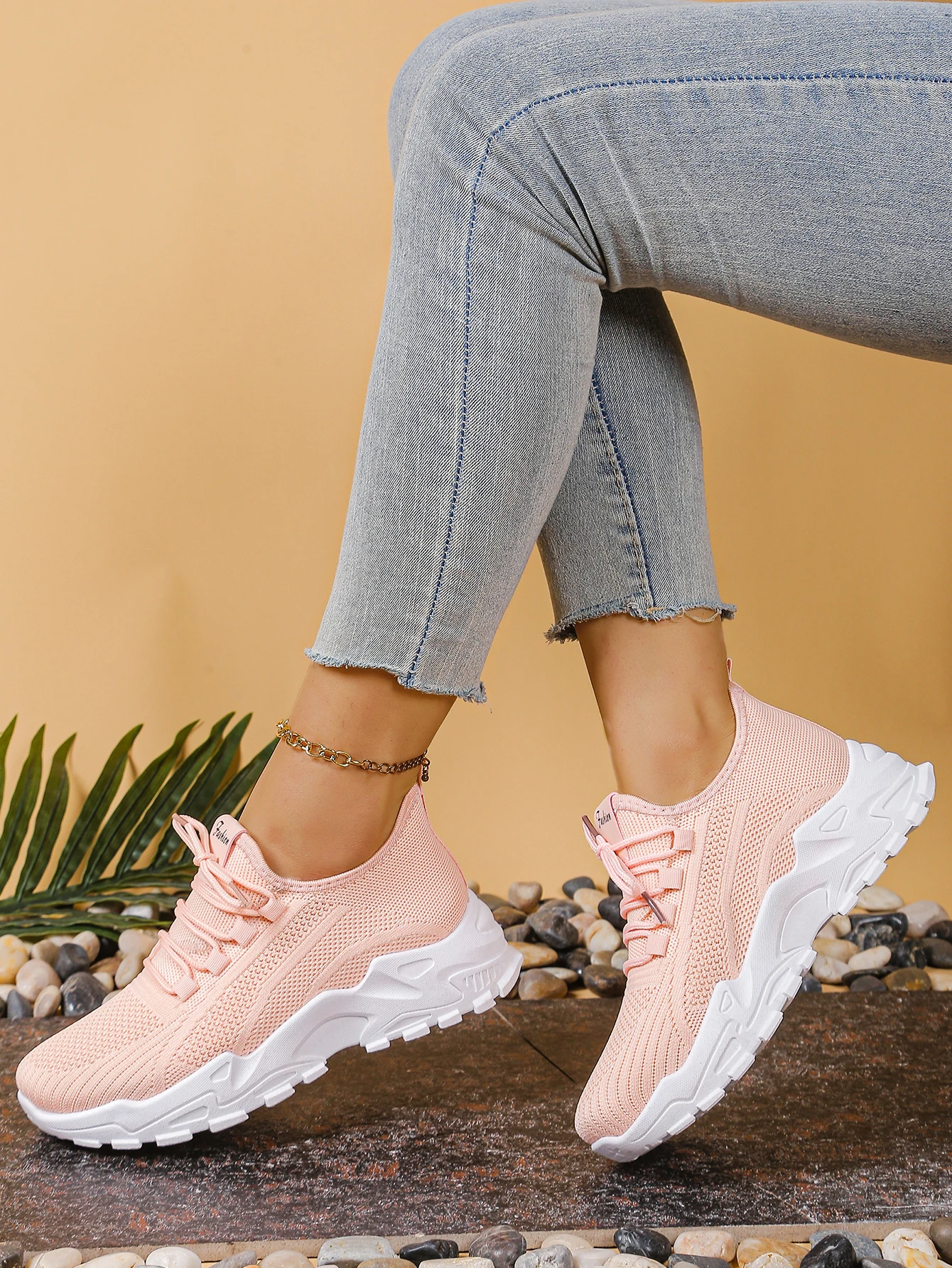 Women's Chunky Dad/Mom Sneakers 4cm Heightening Knit Mesh Breathable Non-Slip Lace Up Casual Athletic Trainers