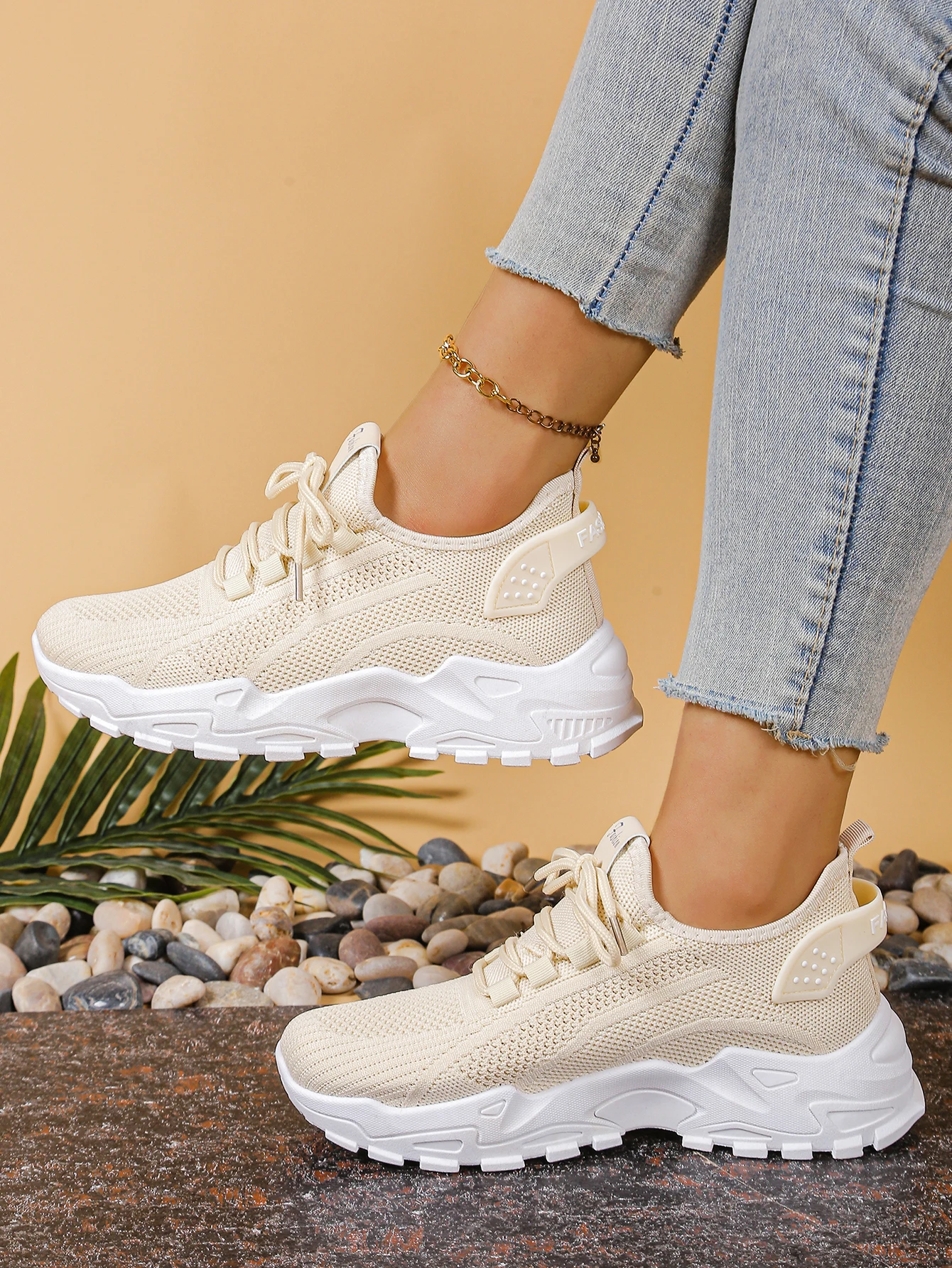 Women's Chunky Dad/Mom Sneakers 4cm Heightening Knit Mesh Breathable Non-Slip Lace Up Casual Athletic Trainers