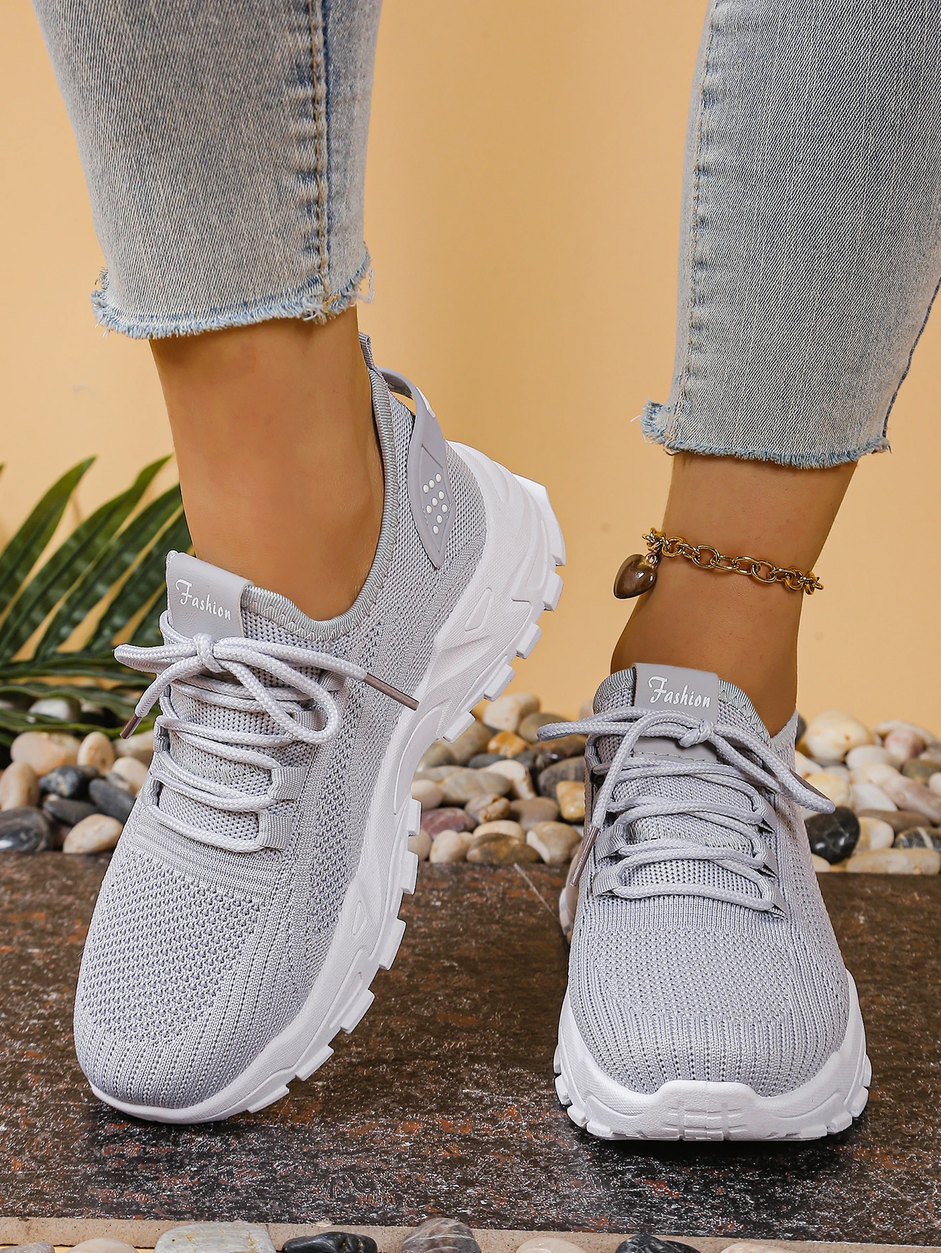 Women's Chunky Dad/Mom Sneakers 4cm Heightening Knit Mesh Breathable Non-Slip Lace Up Casual Athletic Trainers