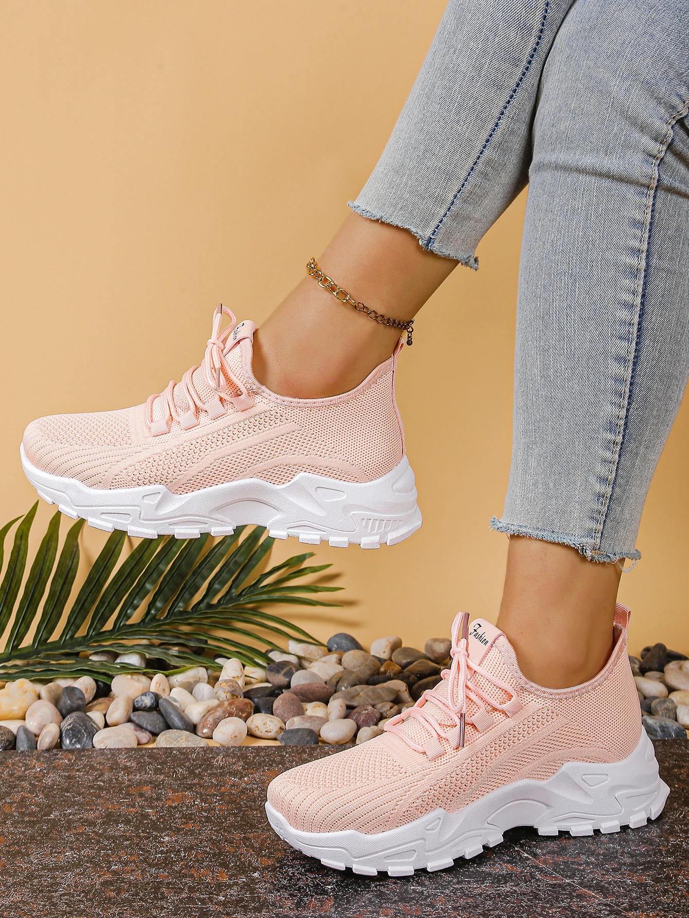 Women's Chunky Dad/Mom Sneakers 4cm Heightening Knit Mesh Breathable Non-Slip Lace Up Casual Athletic Trainers