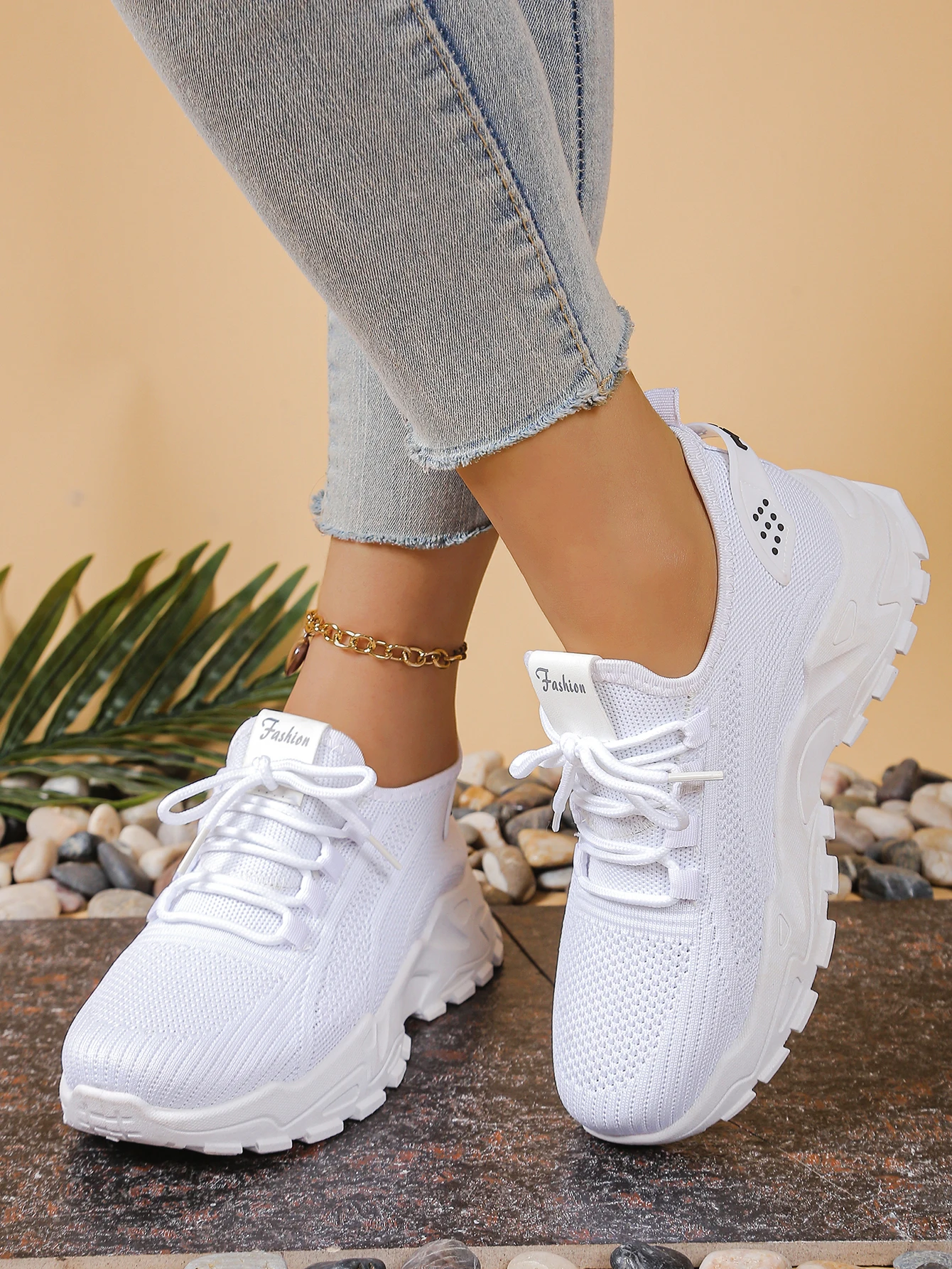 Women's Chunky Dad/Mom Sneakers 4cm Heightening Knit Mesh Breathable Non-Slip Lace Up Casual Athletic Trainers