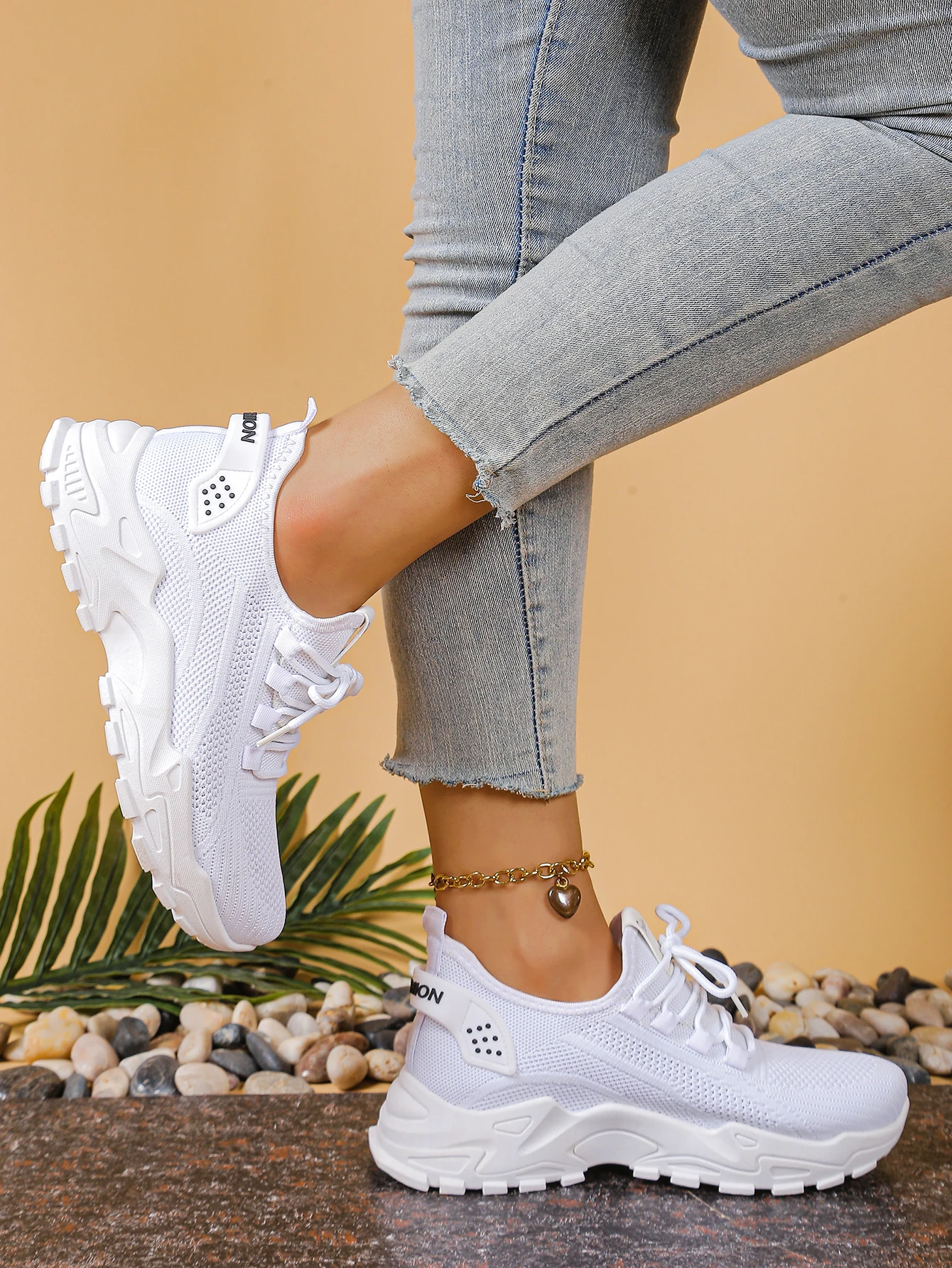 Women's Chunky Dad/Mom Sneakers 4cm Heightening Knit Mesh Breathable Non-Slip Lace Up Casual Athletic Trainers