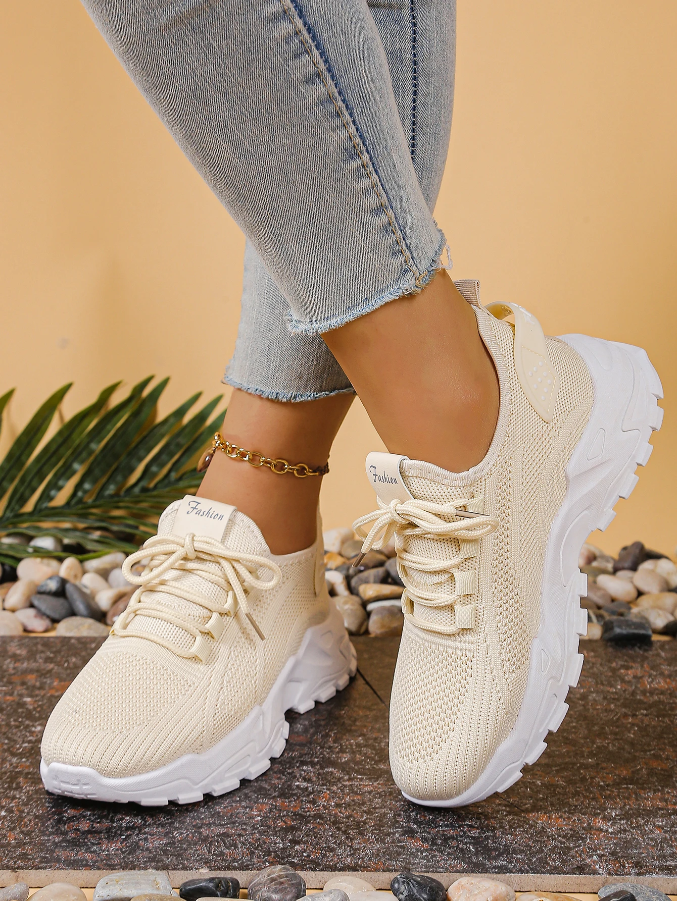 Women's Chunky Dad/Mom Sneakers 4cm Heightening Knit Mesh Breathable Non-Slip Lace Up Casual Athletic Trainers