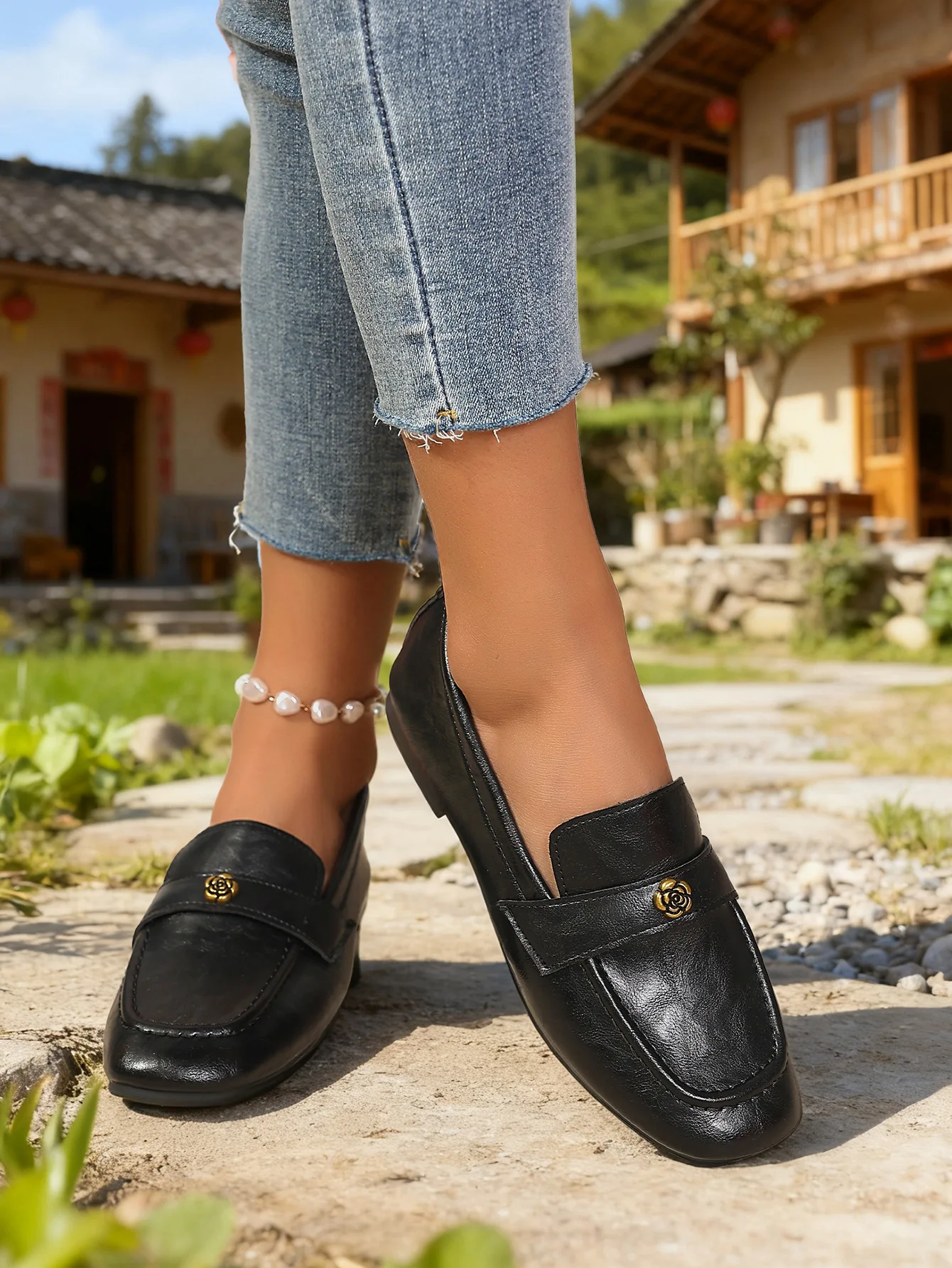 Women's Leather Flat Loafers with Gold-Tone Flower Accessory Round Apron Toe Low Block Heel Comfortable & Office Dress Shoes