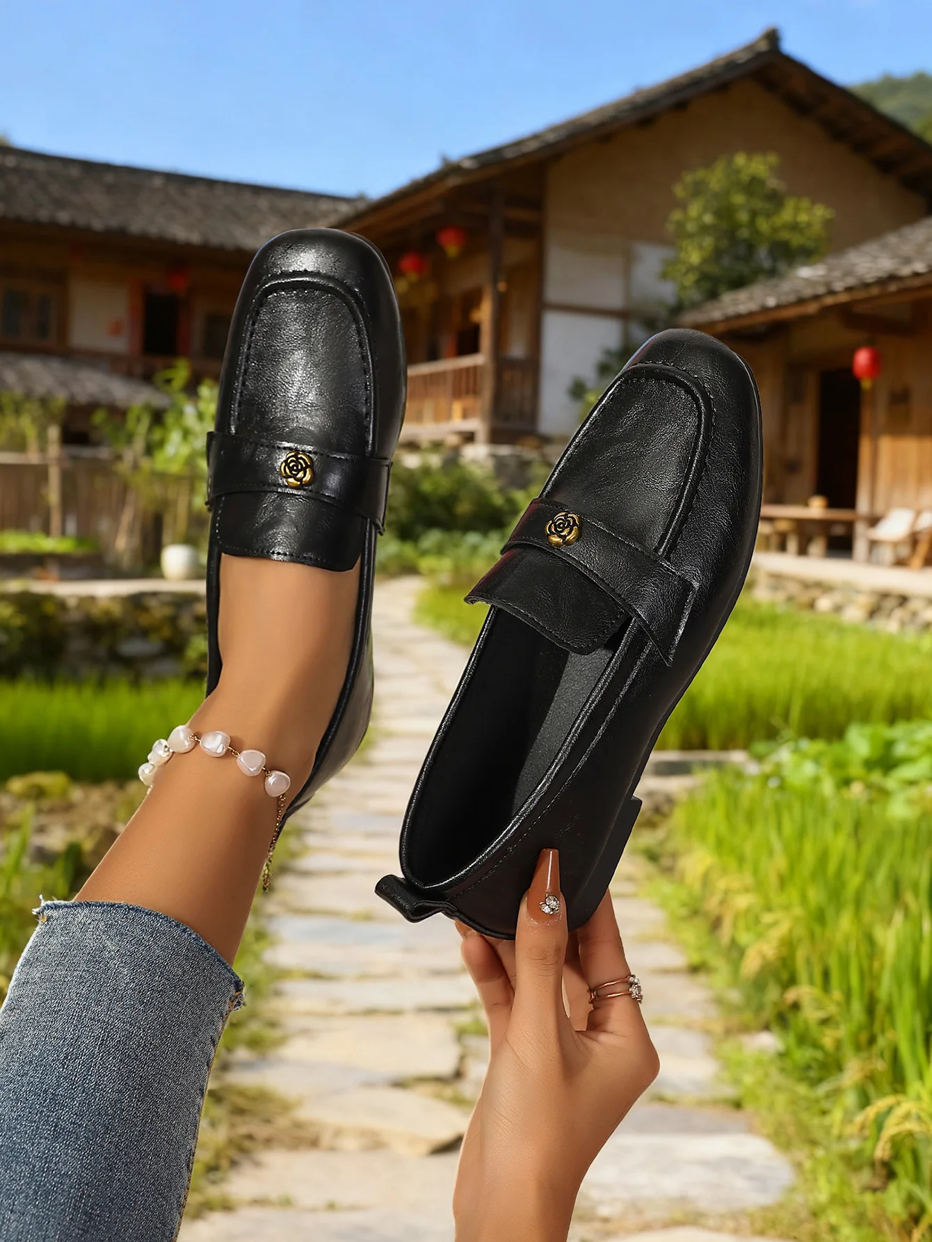 Women's Leather Flat Loafers with Gold-Tone Flower Accessory Round Apron Toe Low Block Heel Comfortable & Office Dress Shoes