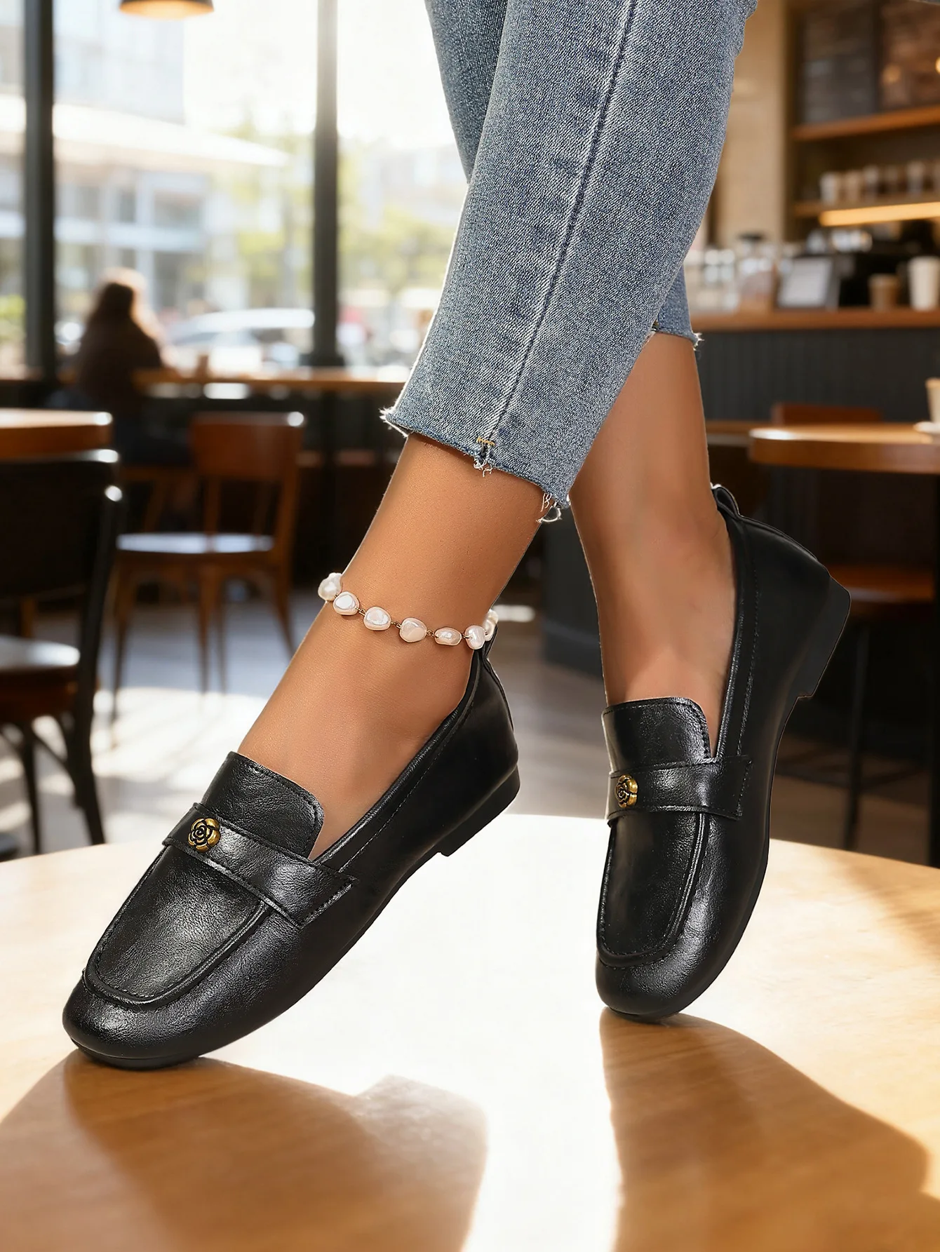 Women's Leather Flat Loafers with Gold-Tone Flower Accessory Round Apron Toe Low Block Heel Comfortable & Office Dress Shoes