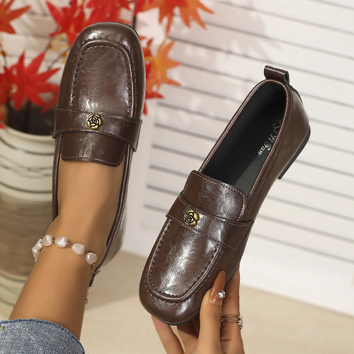 Women's Leather Flat Loafers with Gold-Tone Flower Accessory Round Apron Toe Low Block Heel Comfortable & Office Dress Shoes