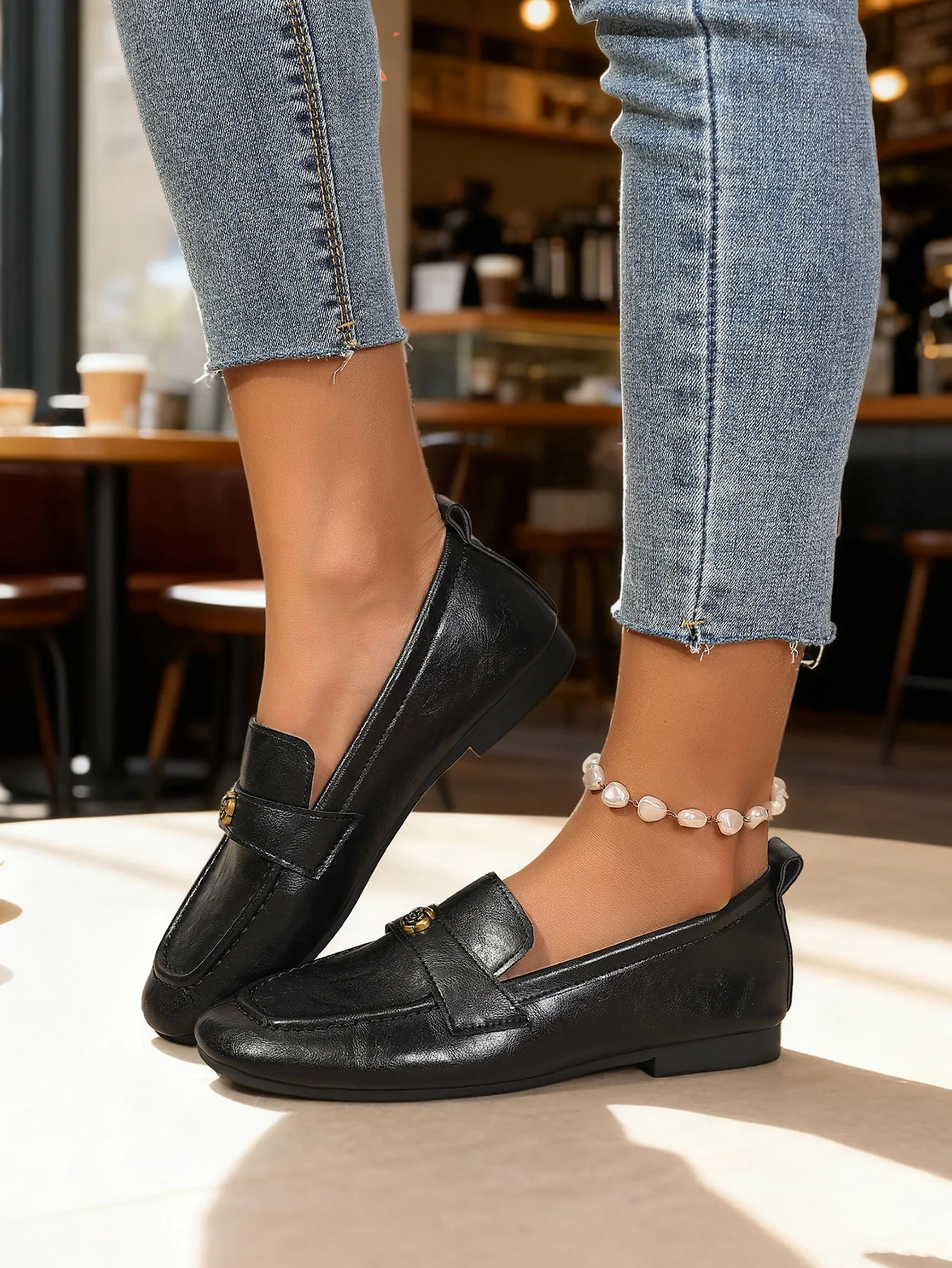 Women's Leather Flat Loafers with Gold-Tone Flower Accessory Round Apron Toe Low Block Heel Comfortable & Office Dress Shoes