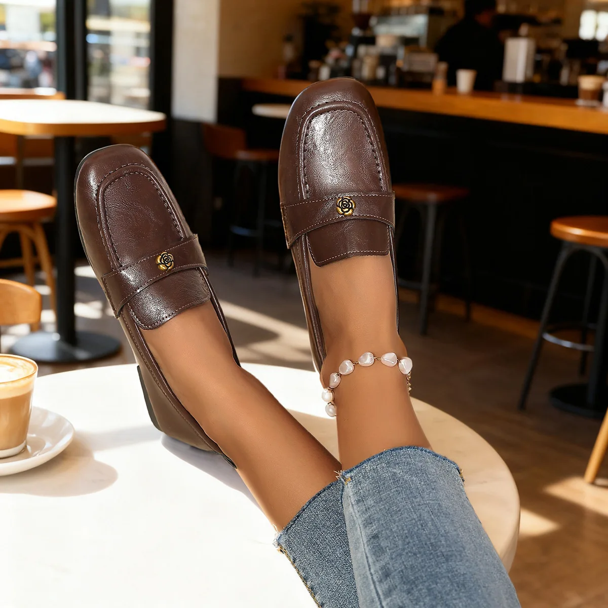 Women's Leather Flat Loafers with Gold-Tone Flower Accessory Round Apron Toe Low Block Heel Comfortable & Office Dress Shoes