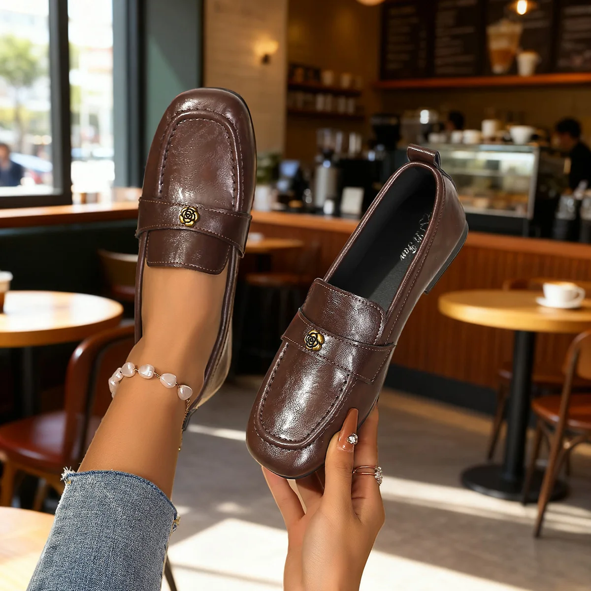 Women's Leather Flat Loafers with Gold-Tone Flower Accessory Round Apron Toe Low Block Heel Comfortable & Office Dress Shoes