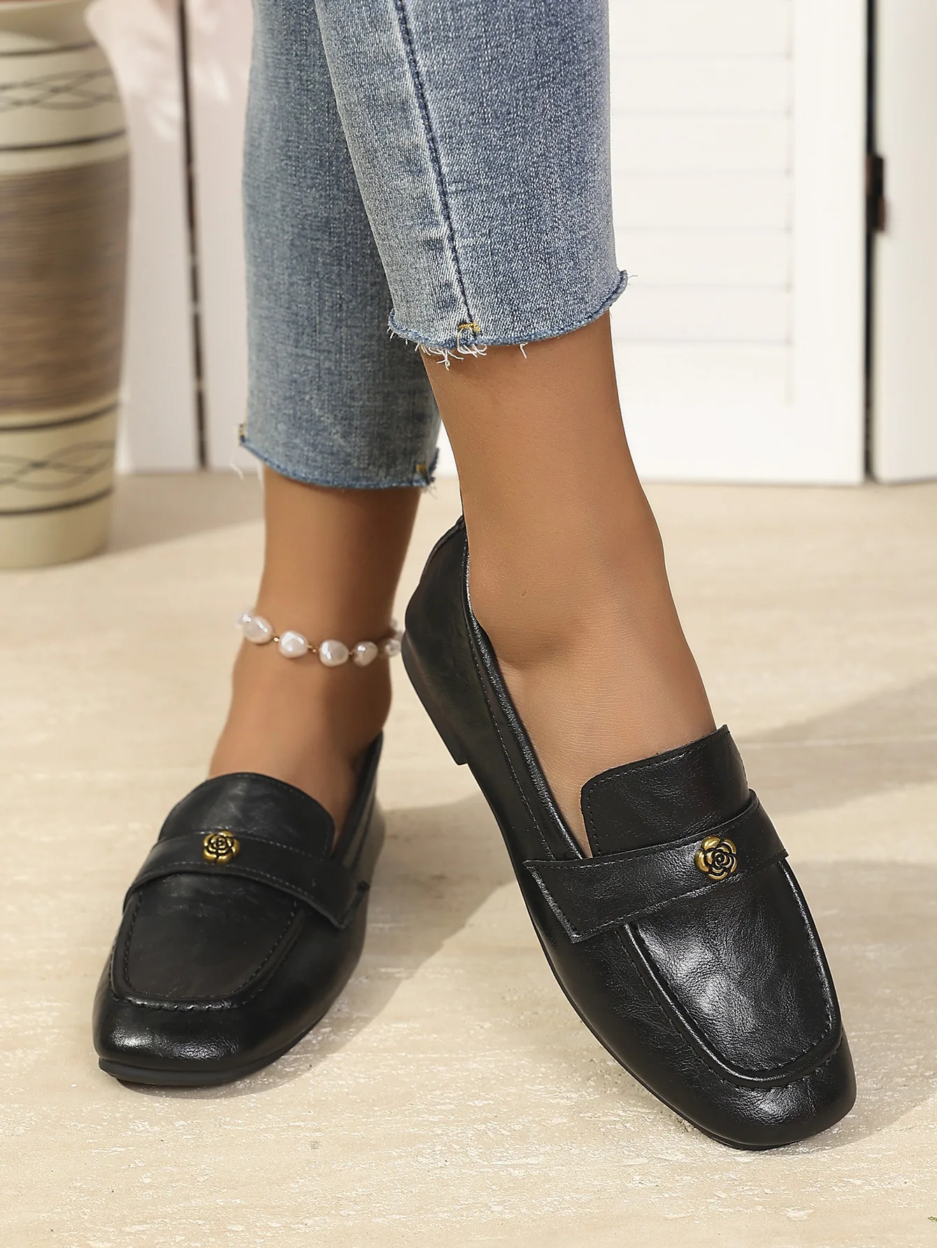 Women's Leather Flat Loafers with Gold-Tone Flower Accessory Round Apron Toe Low Block Heel Comfortable & Office Dress Shoes
