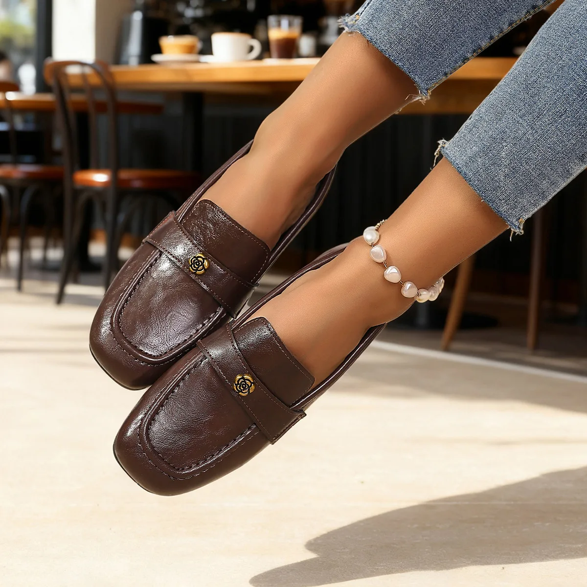 Women's Leather Flat Loafers with Gold-Tone Flower Accessory Round Apron Toe Low Block Heel Comfortable & Office Dress Shoes