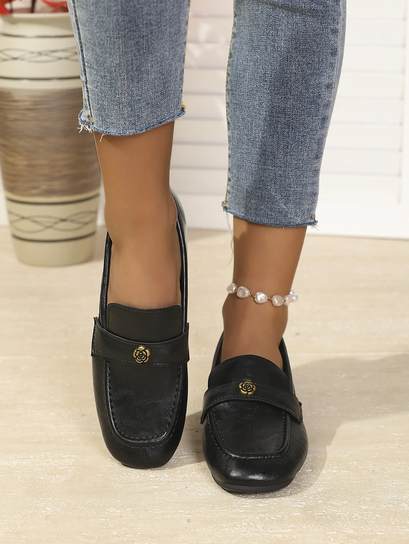 Women's Leather Flat Loafers with Gold-Tone Flower Accessory Round Apron Toe Low Block Heel Comfortable & Office Dress Shoes