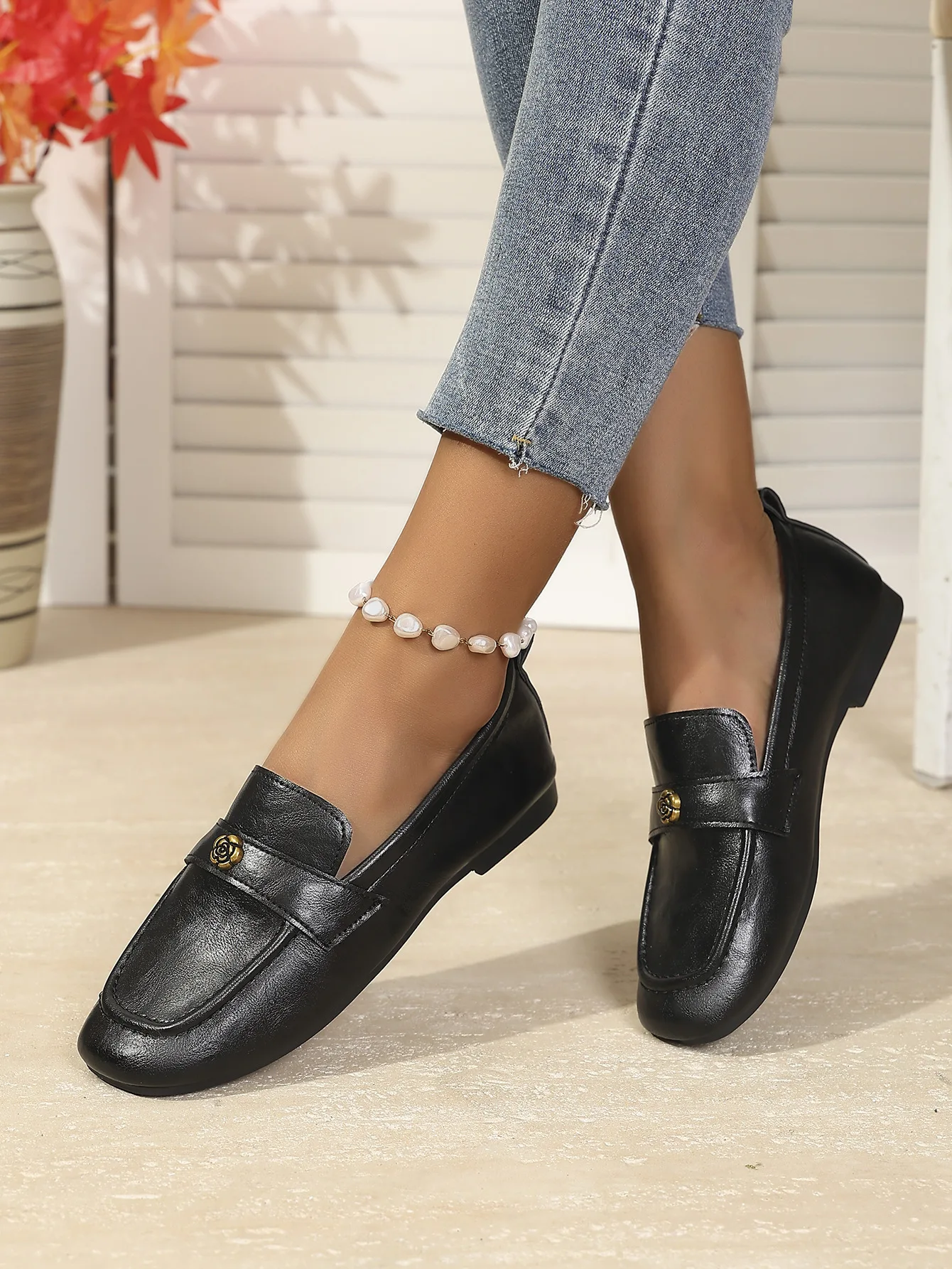Women's Leather Flat Loafers with Gold-Tone Flower Accessory Round Apron Toe Low Block Heel Comfortable & Office Dress Shoes