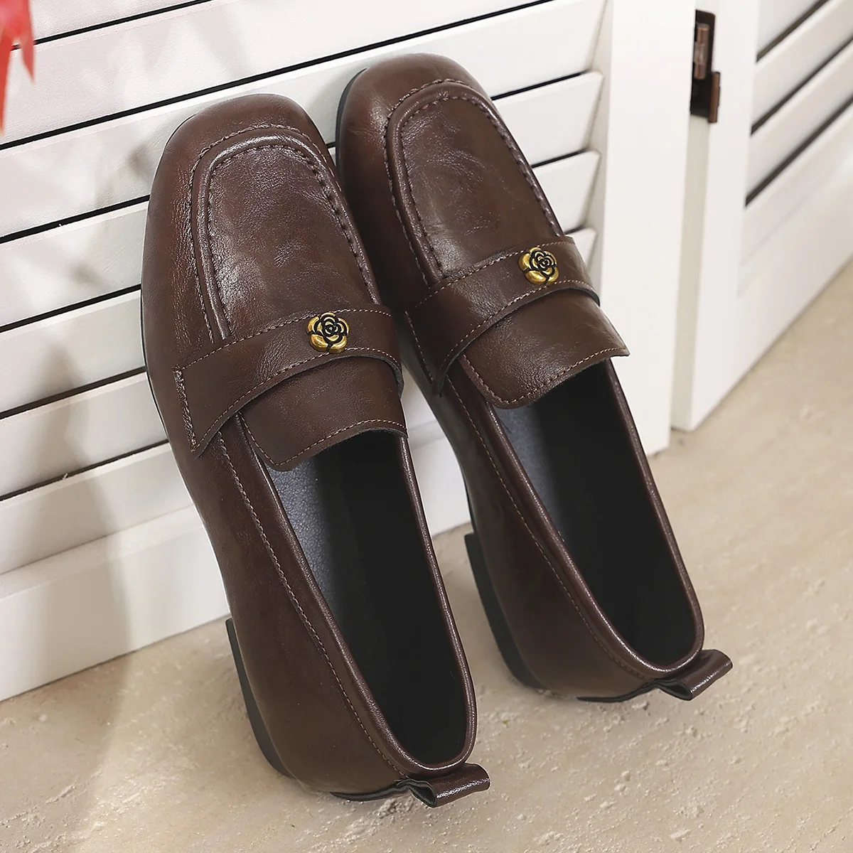 Women's Leather Flat Loafers with Gold-Tone Flower Accessory Round Apron Toe Low Block Heel Comfortable & Office Dress Shoes