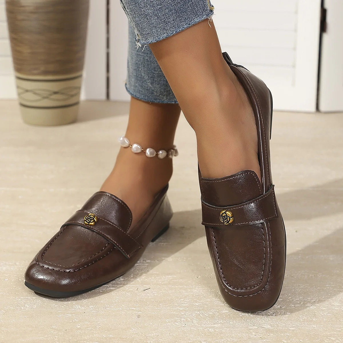 Women's Leather Flat Loafers with Gold-Tone Flower Accessory Round Apron Toe Low Block Heel Comfortable & Office Dress Shoes