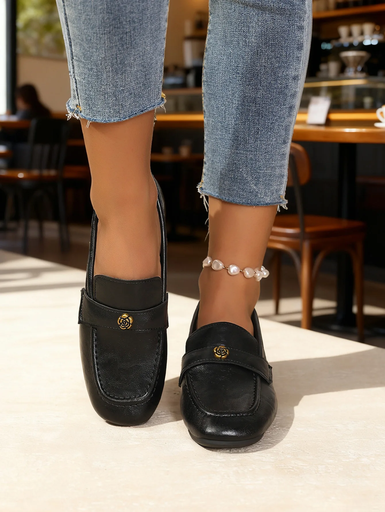 Women's Leather Flat Loafers with Gold-Tone Flower Accessory Round Apron Toe Low Block Heel Comfortable & Office Dress Shoes