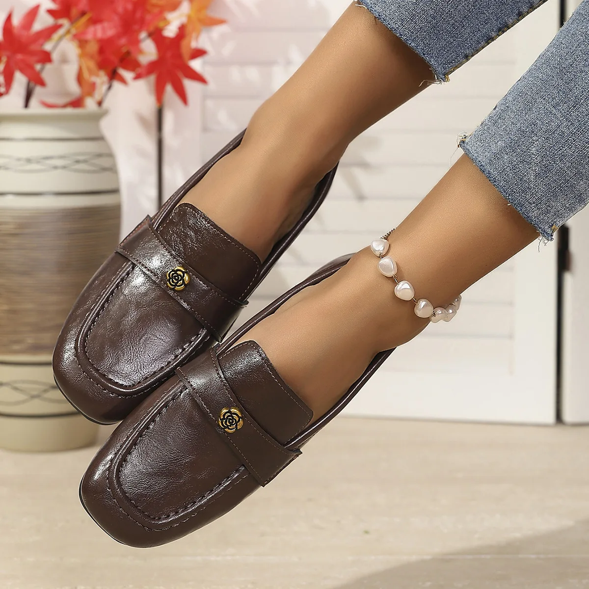 Women's Leather Flat Loafers with Gold-Tone Flower Accessory Round Apron Toe Low Block Heel Comfortable & Office Dress Shoes