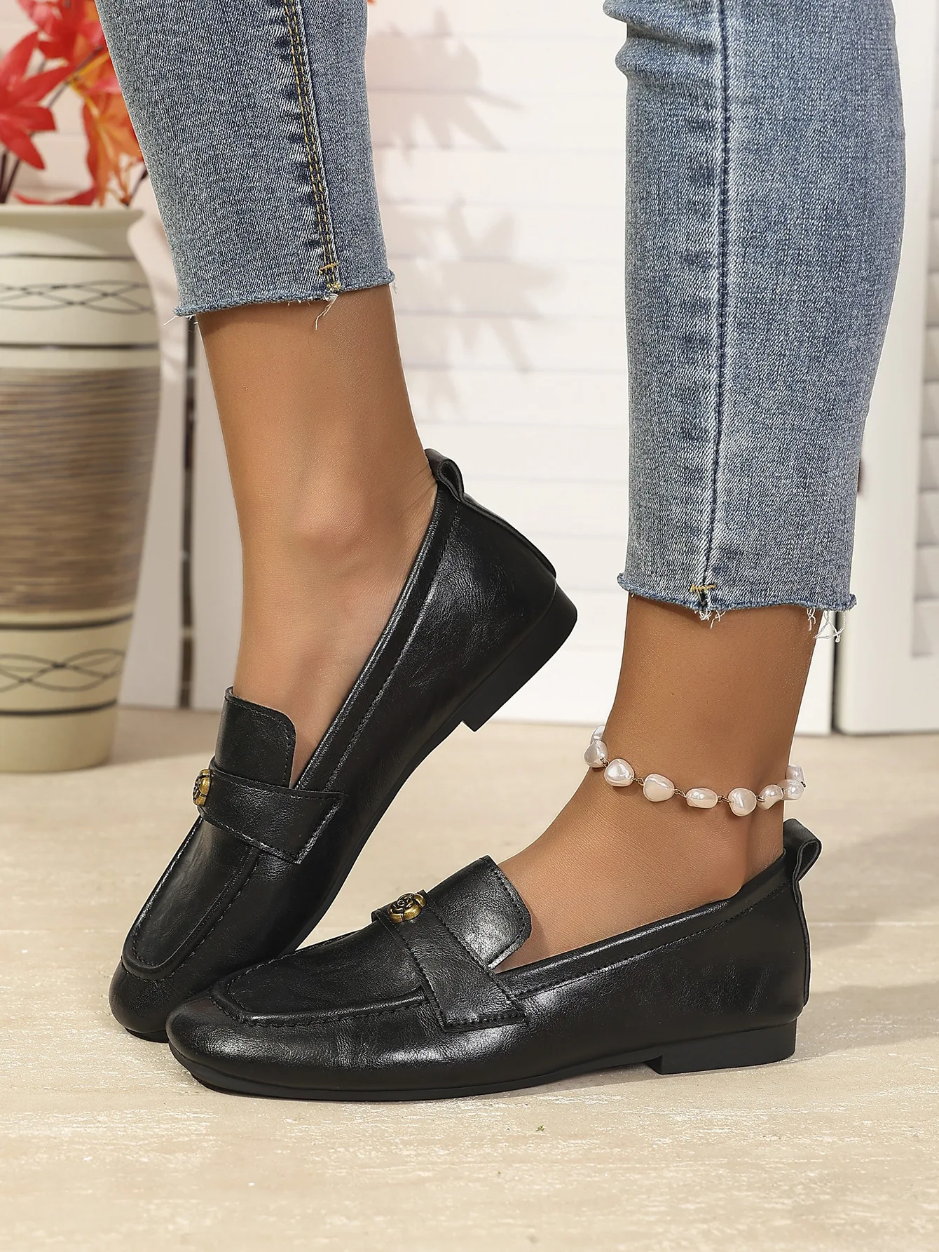 Women's Leather Flat Loafers with Gold-Tone Flower Accessory Round Apron Toe Low Block Heel Comfortable & Office Dress Shoes