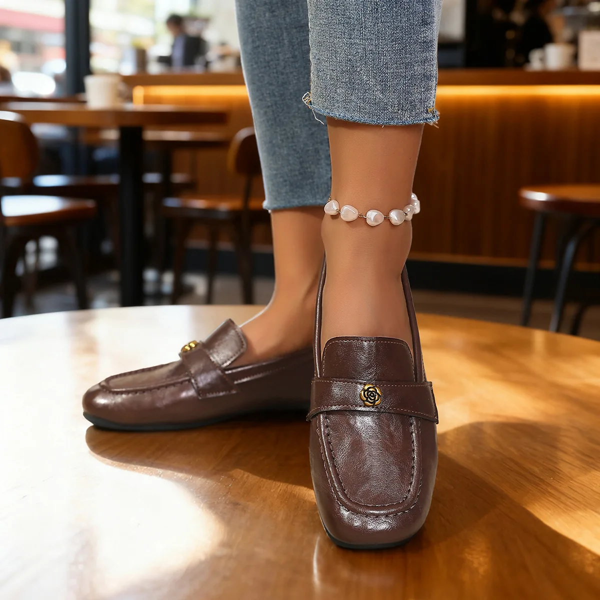 Women's Leather Flat Loafers with Gold-Tone Flower Accessory Round Apron Toe Low Block Heel Comfortable & Office Dress Shoes
