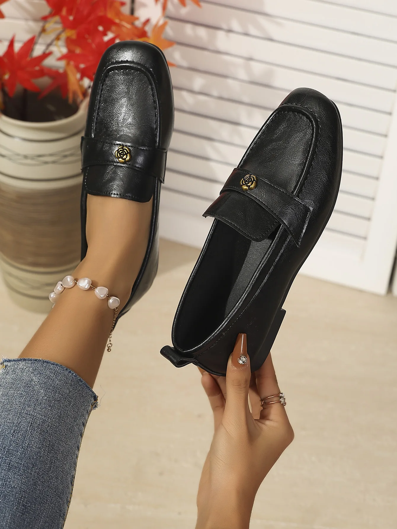 Women's Leather Flat Loafers with Gold-Tone Flower Accessory Round Apron Toe Low Block Heel Comfortable & Office Dress Shoes