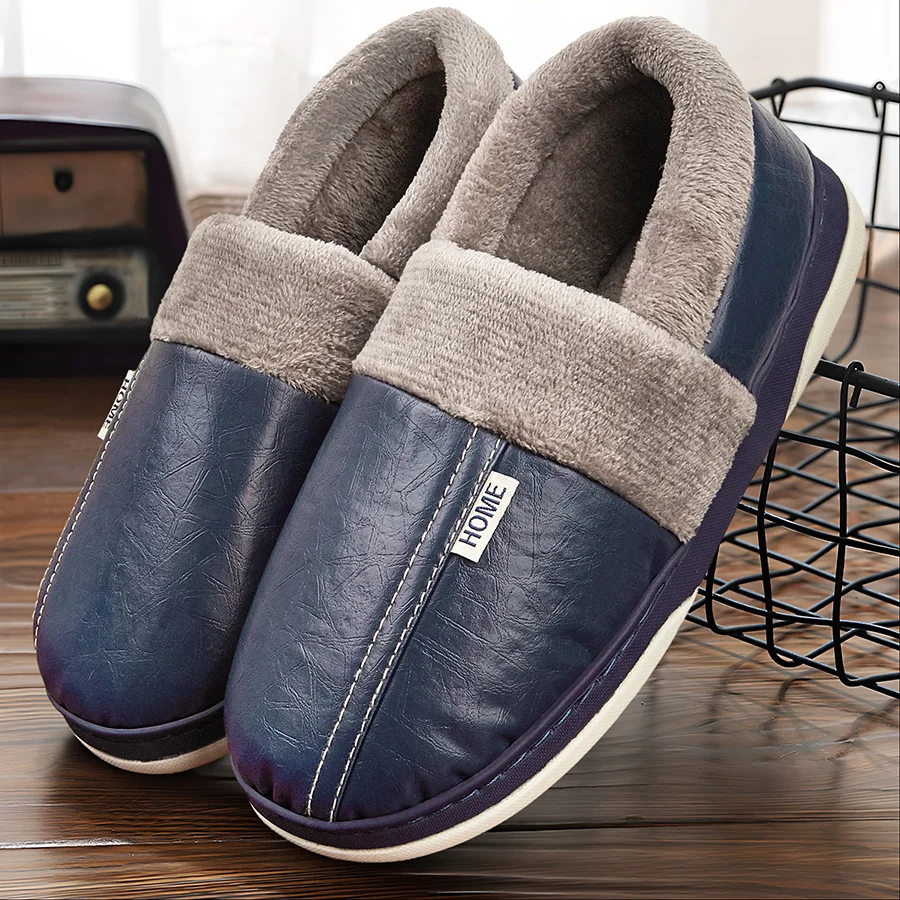 Winter men's slippers with PU upper waterproof and cold resistant TPR sole warm memory cotton non slip soft pad indoor shoes