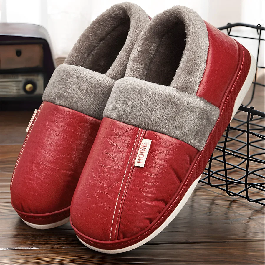 Winter men's slippers with PU upper waterproof and cold resistant TPR sole warm memory cotton non slip soft pad indoor shoes