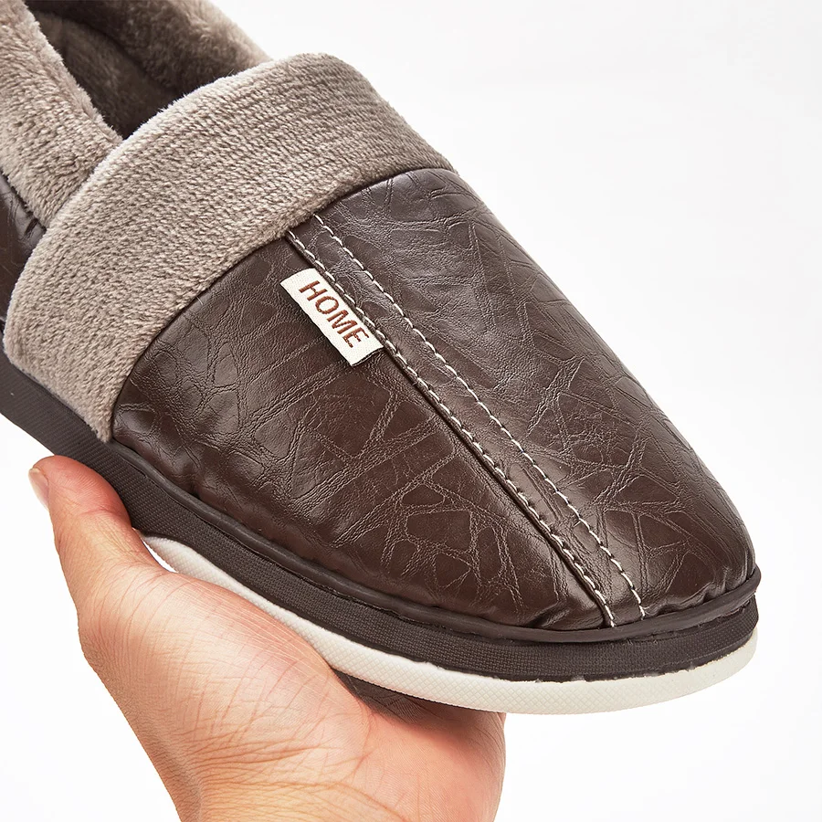 Winter men's slippers with PU upper waterproof and cold resistant TPR sole warm memory cotton non slip soft pad indoor shoes