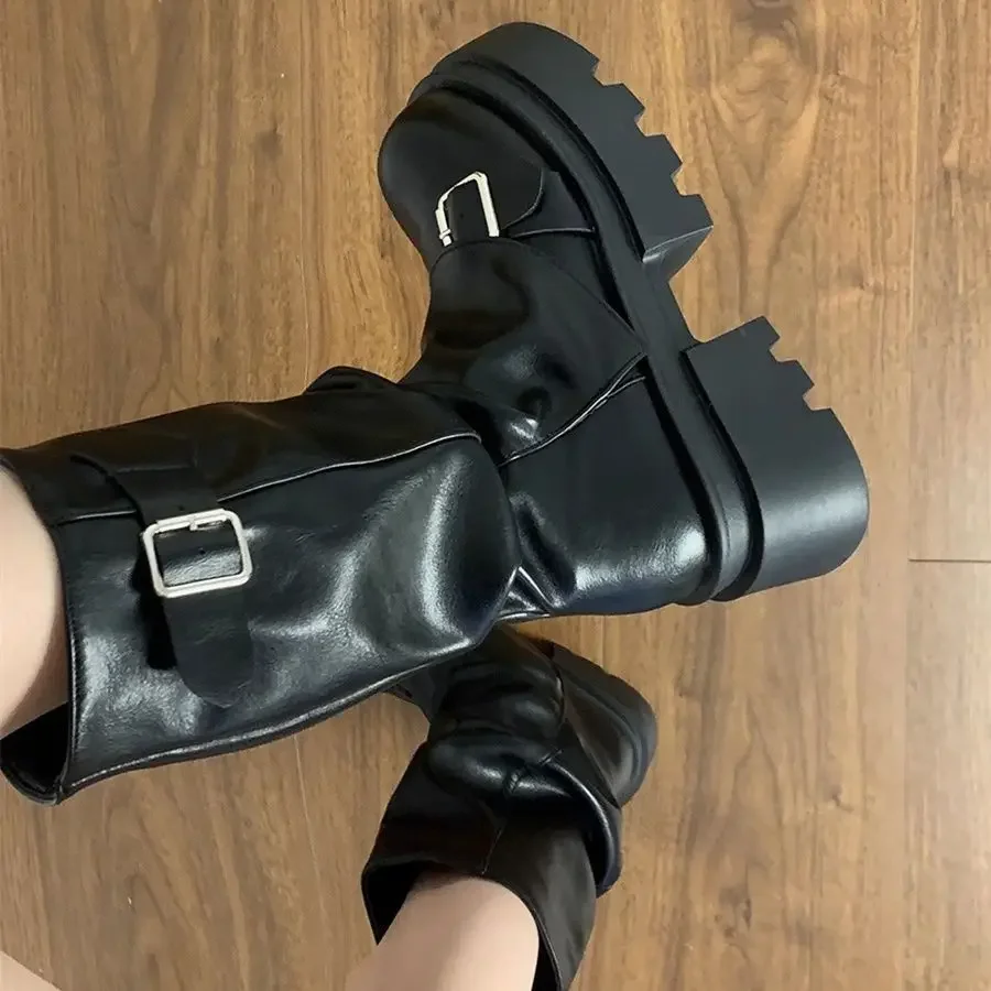 2026 New Vintage Thick Bottom Women Motorcyle Boots Fashion Belt Buckle Autumn Winter Female Slip on Mid Calf Booties