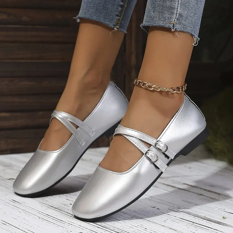Classic Retro Mary Jane Flat Shoes Fashionable New Women'S Casual Shoes Square Toe Straight Buckle Shallow Mouth Work Shoes
