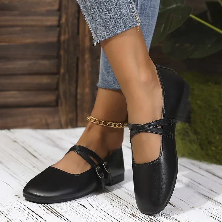 Classic Retro Mary Jane Flat Shoes Fashionable New Women'S Casual Shoes Square Toe Straight Buckle Shallow Mouth Work Shoes
