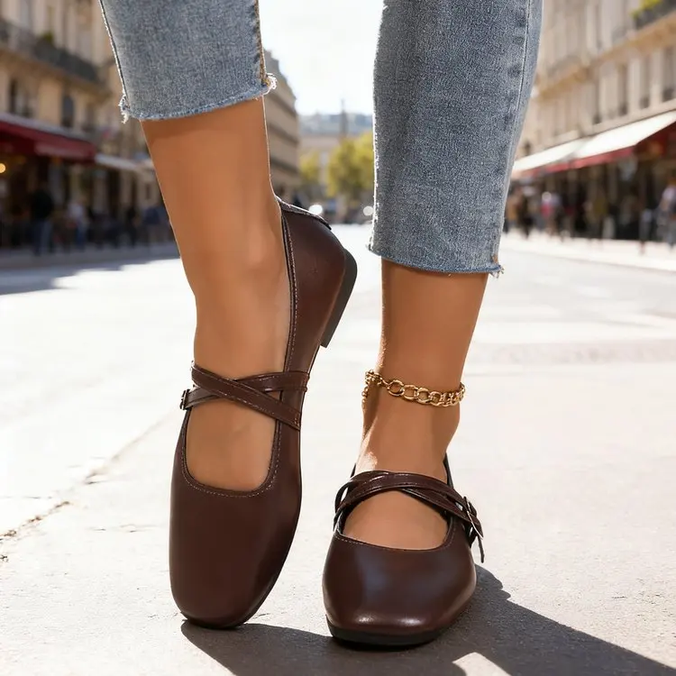 Classic Retro Mary Jane Flat Shoes Fashionable New Women'S Casual Shoes Square Toe Straight Buckle Shallow Mouth Work Shoes