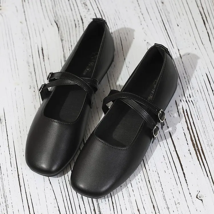 Classic Retro Mary Jane Flat Shoes Fashionable New Women'S Casual Shoes Square Toe Straight Buckle Shallow Mouth Work Shoes
