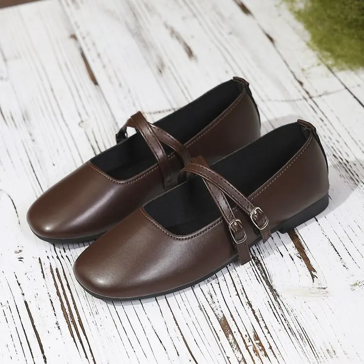 Classic Retro Mary Jane Flat Shoes Fashionable New Women'S Casual Shoes Square Toe Straight Buckle Shallow Mouth Work Shoes