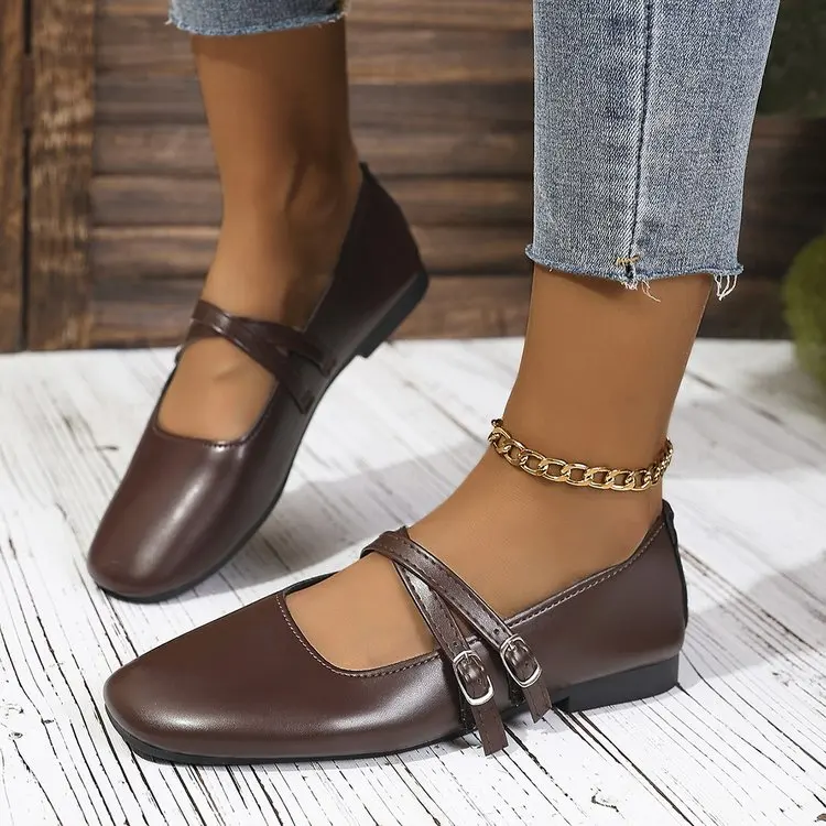 Classic Retro Mary Jane Flat Shoes Fashionable New Women'S Casual Shoes Square Toe Straight Buckle Shallow Mouth Work Shoes