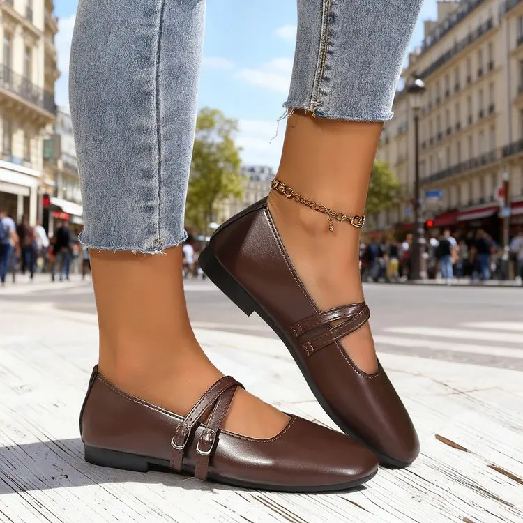Classic Retro Mary Jane Flat Shoes Fashionable New Women'S Casual Shoes Square Toe Straight Buckle Shallow Mouth Work Shoes