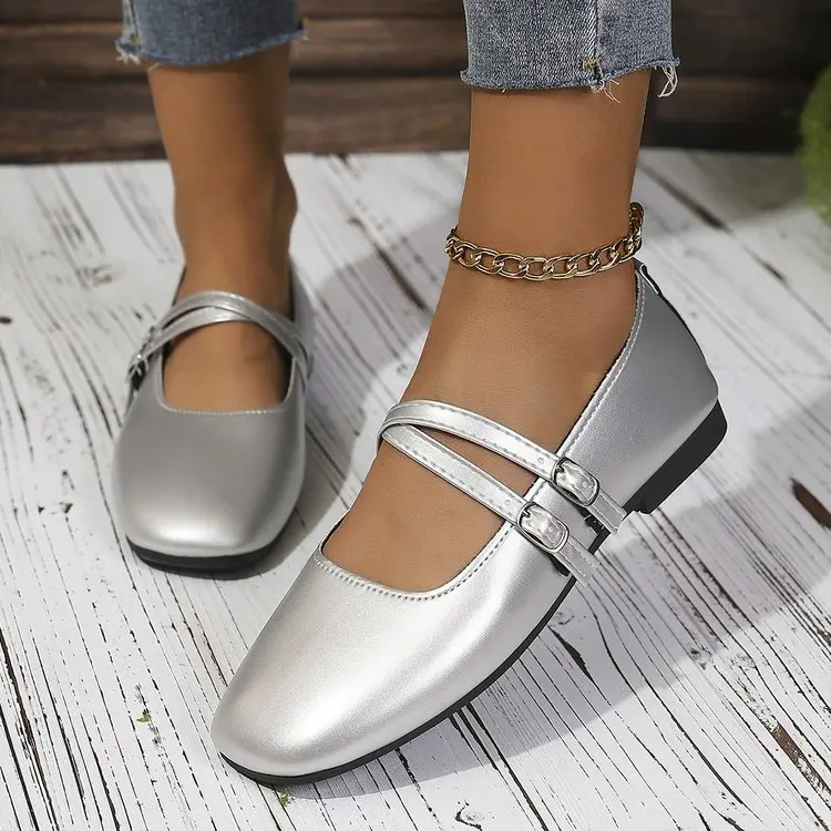 Classic Retro Mary Jane Flat Shoes Fashionable New Women'S Casual Shoes Square Toe Straight Buckle Shallow Mouth Work Shoes
