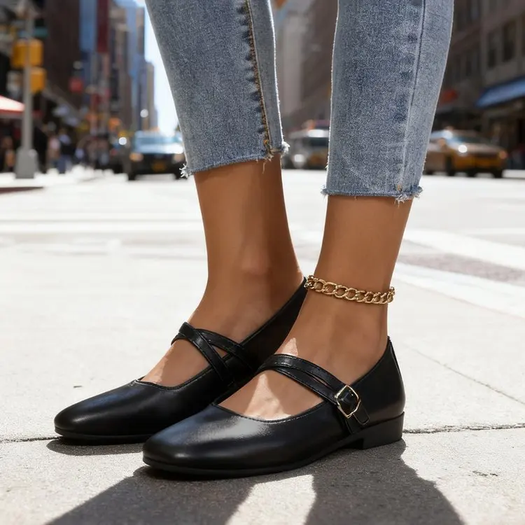 Classic Retro Mary Jane Flat Shoes Fashionable New Women'S Casual Shoes Square Toe Straight Buckle Shallow Mouth Work Shoes