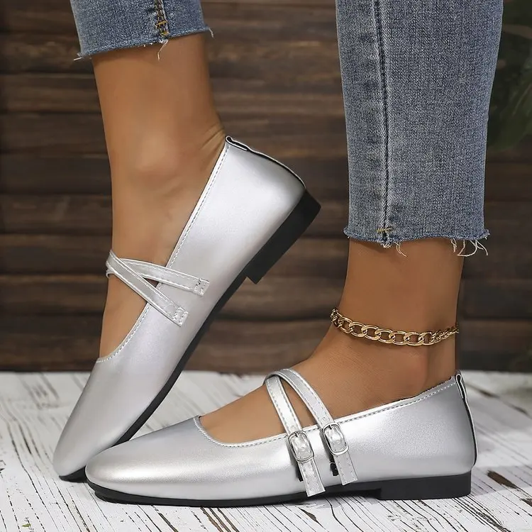 Classic Retro Mary Jane Flat Shoes Fashionable New Women'S Casual Shoes Square Toe Straight Buckle Shallow Mouth Work Shoes