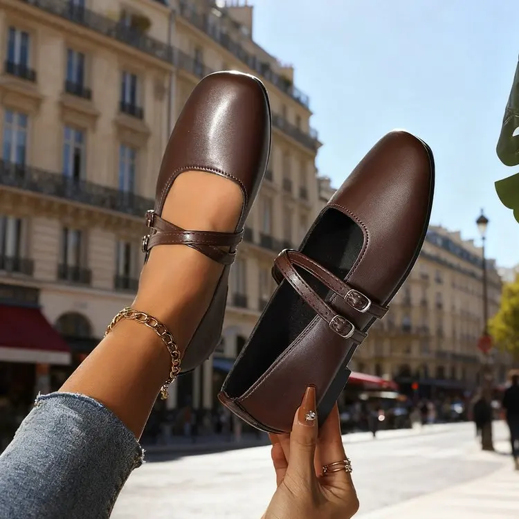 Classic Retro Mary Jane Flat Shoes Fashionable New Women'S Casual Shoes Square Toe Straight Buckle Shallow Mouth Work Shoes