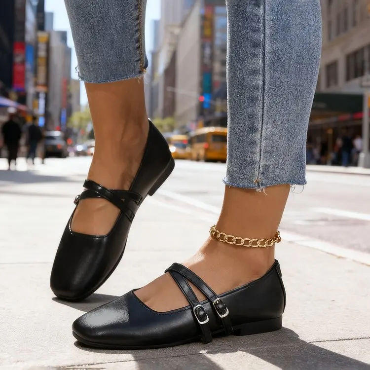 Classic Retro Mary Jane Flat Shoes Fashionable New Women'S Casual Shoes Square Toe Straight Buckle Shallow Mouth Work Shoes