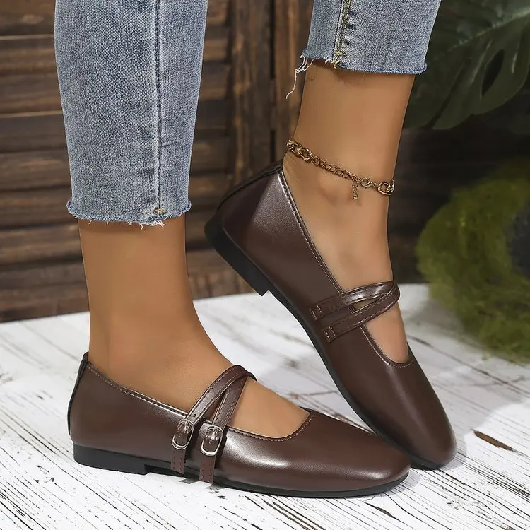 Classic Retro Mary Jane Flat Shoes Fashionable New Women'S Casual Shoes Square Toe Straight Buckle Shallow Mouth Work Shoes