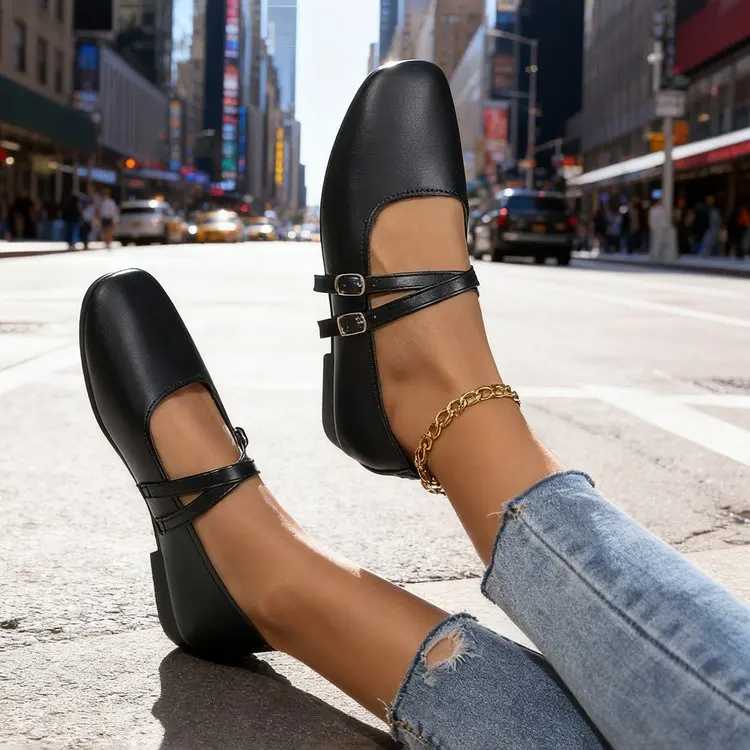 Classic Retro Mary Jane Flat Shoes Fashionable New Women'S Casual Shoes Square Toe Straight Buckle Shallow Mouth Work Shoes