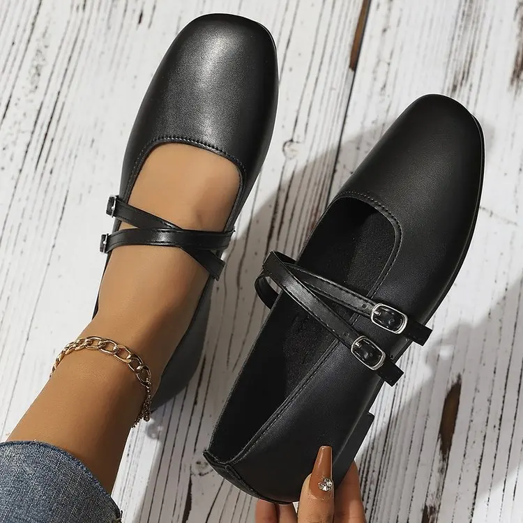 Classic Retro Mary Jane Flat Shoes Fashionable New Women'S Casual Shoes Square Toe Straight Buckle Shallow Mouth Work Shoes