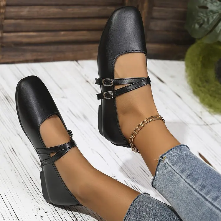 Classic Retro Mary Jane Flat Shoes Fashionable New Women'S Casual Shoes Square Toe Straight Buckle Shallow Mouth Work Shoes