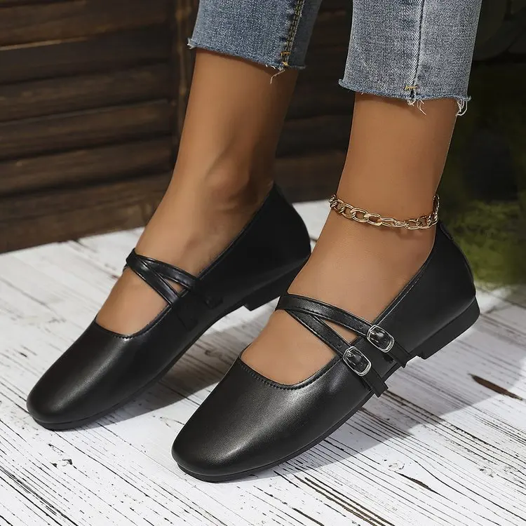 Classic Retro Mary Jane Flat Shoes Fashionable New Women'S Casual Shoes Square Toe Straight Buckle Shallow Mouth Work Shoes