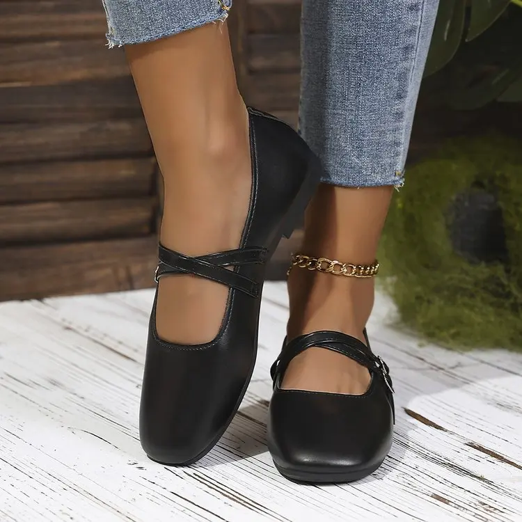 Classic Retro Mary Jane Flat Shoes Fashionable New Women'S Casual Shoes Square Toe Straight Buckle Shallow Mouth Work Shoes