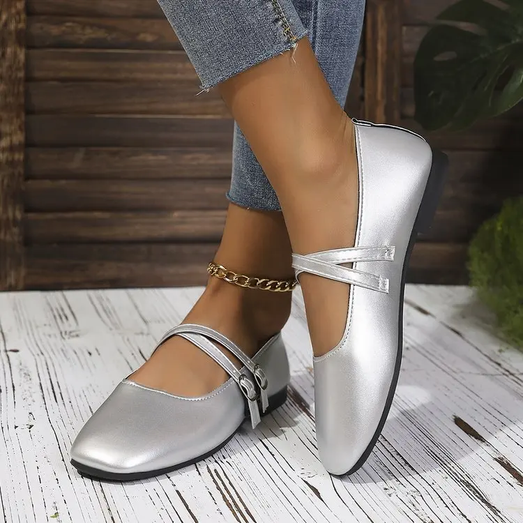 Classic Retro Mary Jane Flat Shoes Fashionable New Women'S Casual Shoes Square Toe Straight Buckle Shallow Mouth Work Shoes