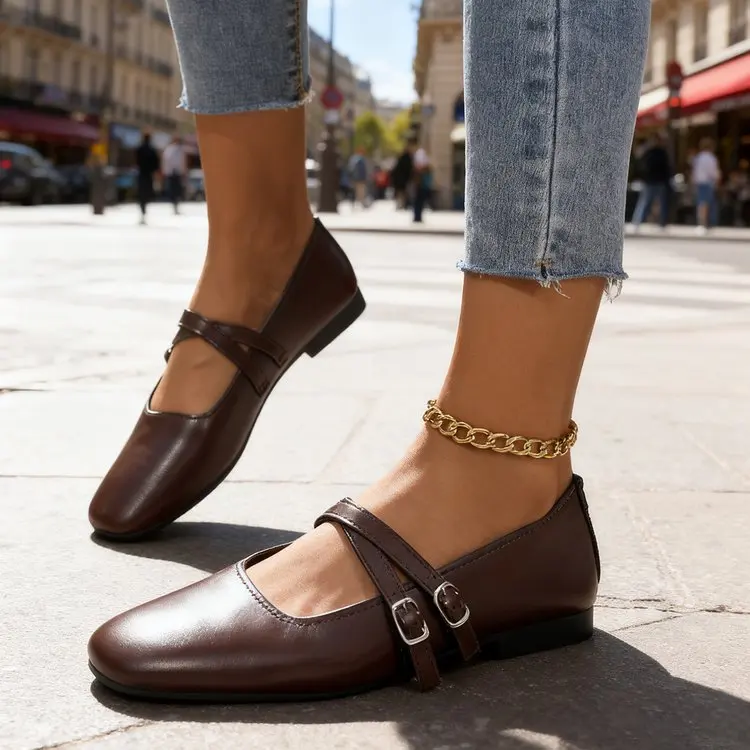 Classic Retro Mary Jane Flat Shoes Fashionable New Women'S Casual Shoes Square Toe Straight Buckle Shallow Mouth Work Shoes